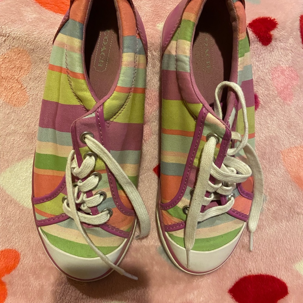 Coach Pink/Green/White Striped Canvas Athletic Shoes